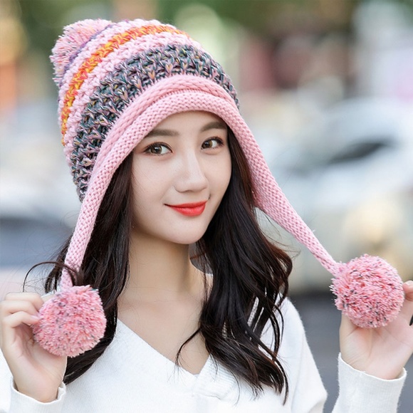 Winter Colorful Knit Pom Pom Hat Fleece Lined - Picture 2 of 6